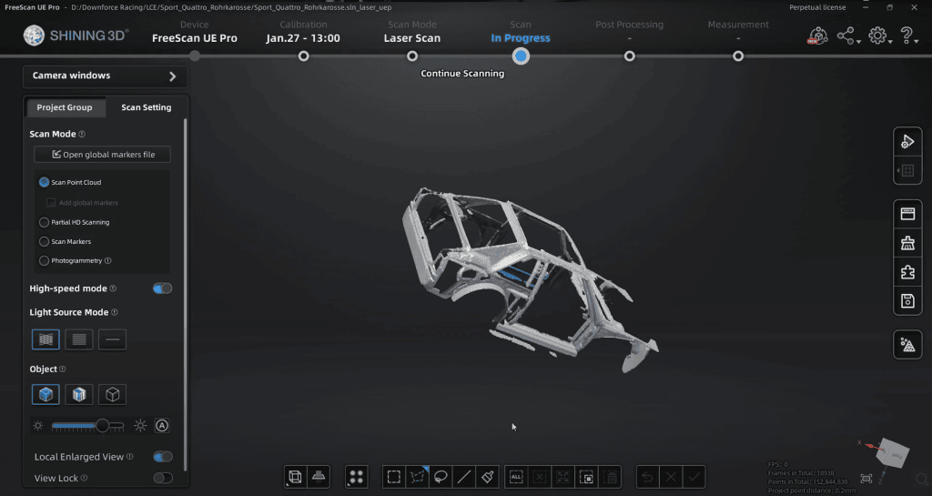 3D skenrianje Audi Quattro s Shining3D FreeScan UE Pro za potrebe vzvratnega inženiringa.